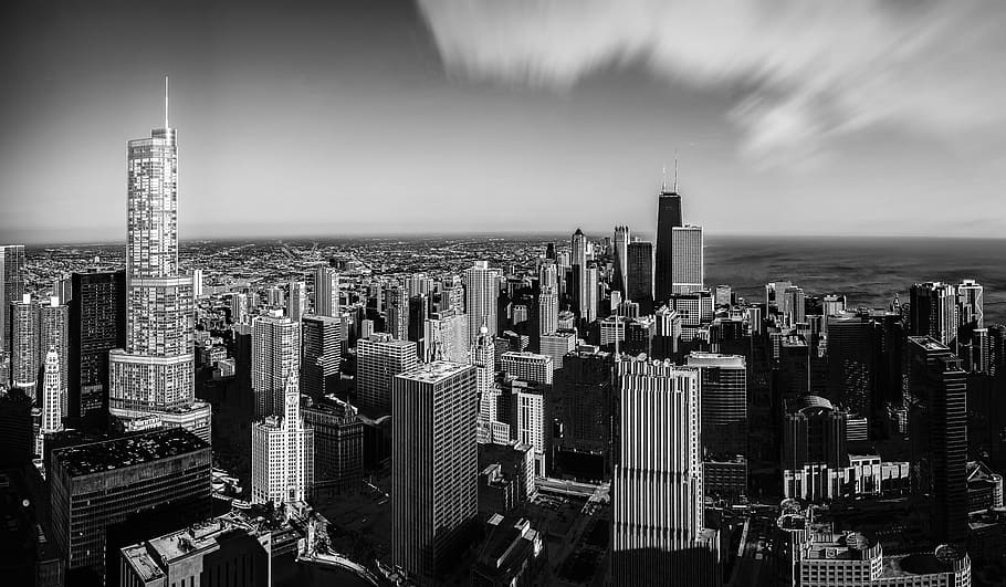 grayscale photography, skyscrapers, chicago, us, skyscraper, the sky, city, building exterior, built structure, cityscape