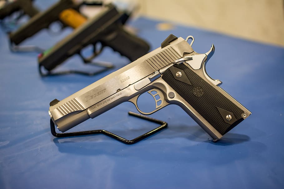 silver, black, 45 caliber pistol, top, blue, surface, pistol, gun, handgun, weapon