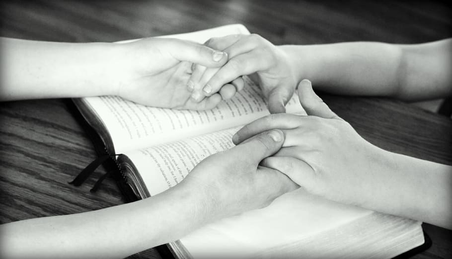 фотография в оттенках серого, два, человек, держащий, руки, книга, держась за руки, библия, молиться, друзья