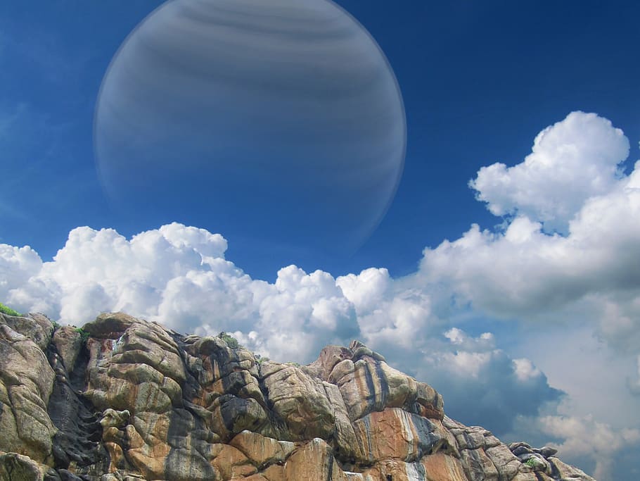 white, gray, planet, clouds, exoplanet, exomoon, gas giant, sky, rock, alien