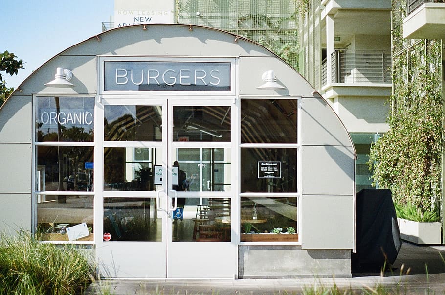 tienda de hamburguesas, cerrado, hamburguesa, orgánico, casa, restaurante, hamburguesas, ventanas, comer, blanco