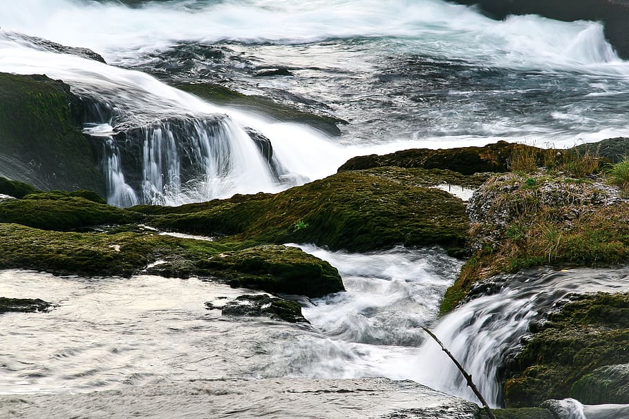 waterfall, water, racing, schaffhausen, beauty in nature, scenics - nature, rock, rock - object, motion, solid