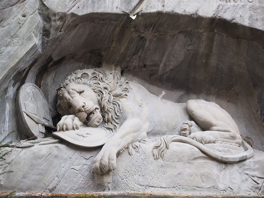 sleeping, lion sculpture, stone, daytime, lion monument, monument, lion, dying, relief, swiss conservation