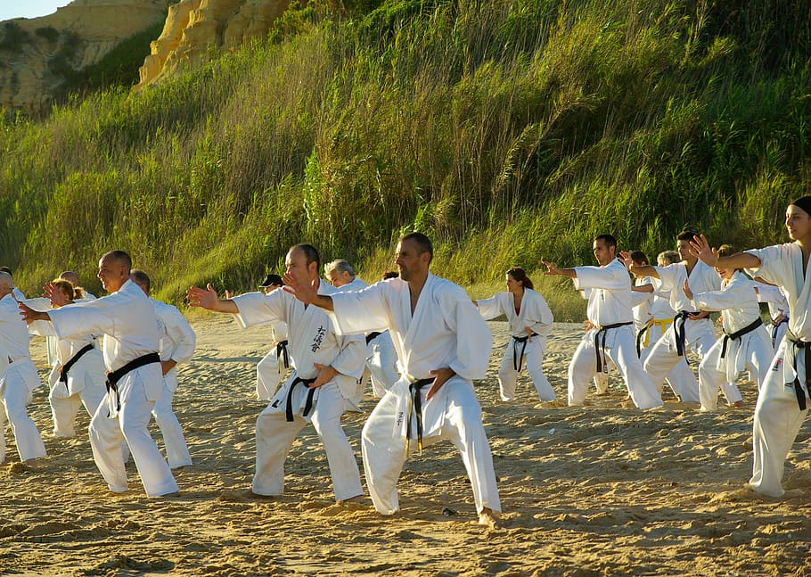 group, people, wearing, karate gi suit, standing, brown, sand, green, grasses, beach