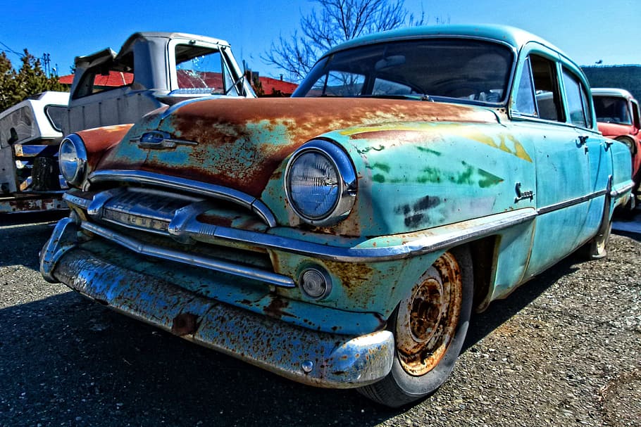 teal car, blue, clouds, daytime, rusty, old, truck, automobile, colorful, transportation