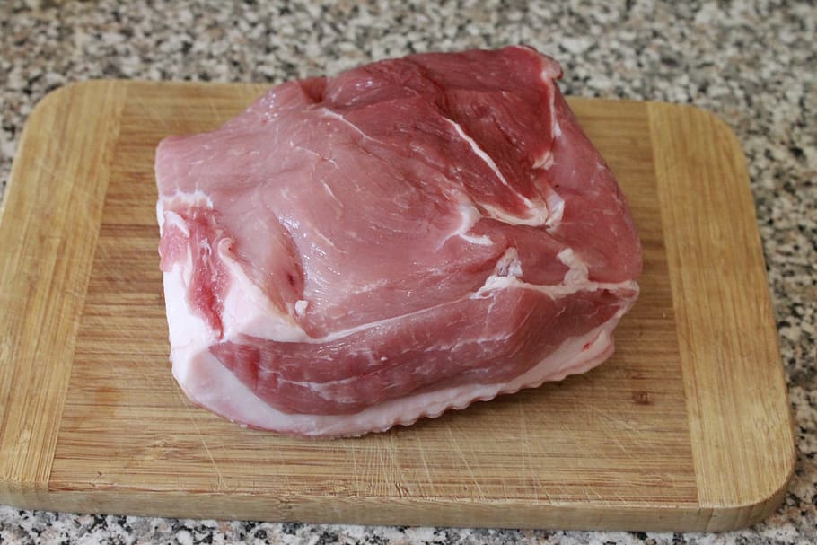 roast pork, fry crusts, meat, raw, piece of meat, food, wooden board, food and drink, freshness, raw food
