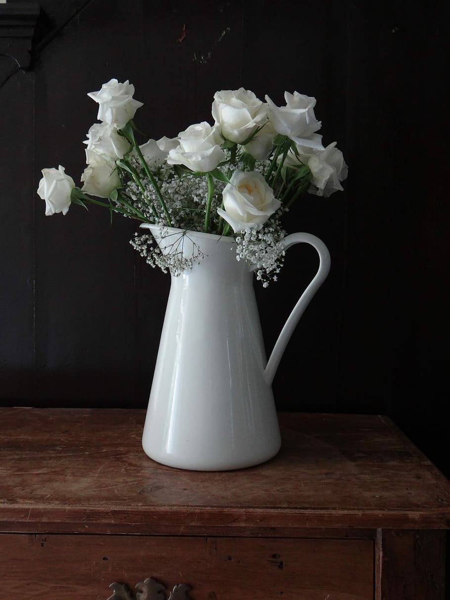 white, flowers, ceramic, vase, brown, wooden, table, wooden table, roses, still life
