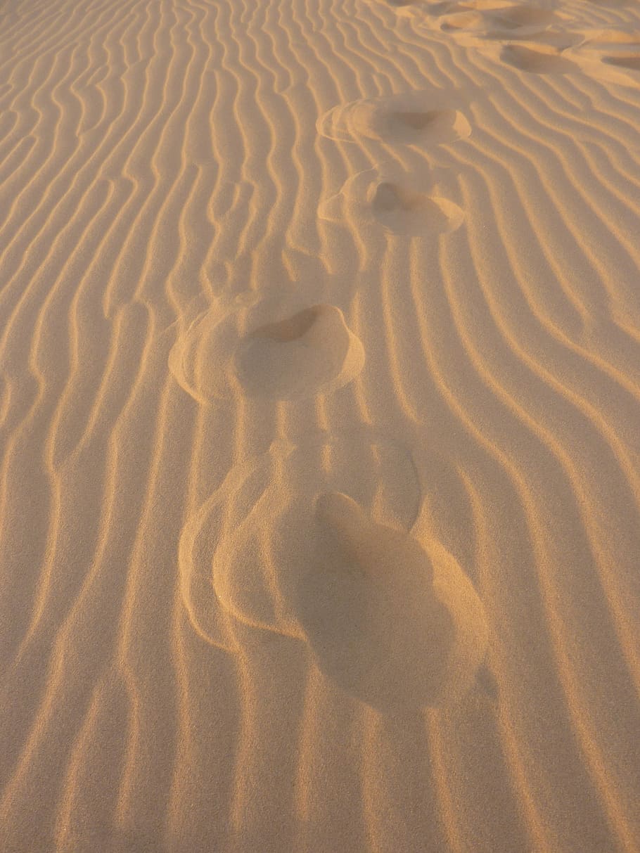 Uruguay, huellas en la arena, pies, huellas, lejos, playa, duna de arena, patrón, clima árido, patrón de onda