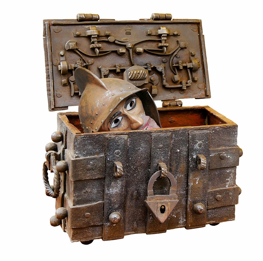 brown, black, steel treasure chest toy, chest, box, treasure chest, middle ages, head, bolt, castle