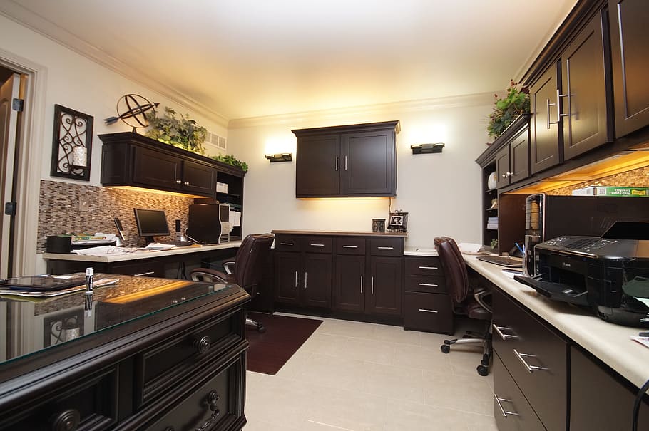 brown, wooden, kitchen cabinet, home, office, home office, business, desk, computer, working