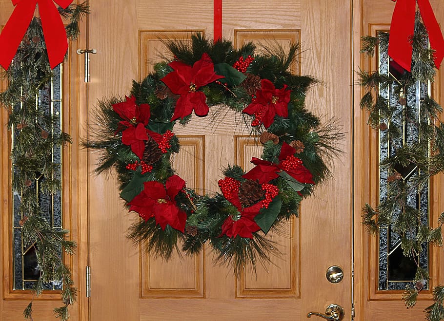 green, black, wall wreath, mounted, brown, wooden, panel door, wreath, panel, door