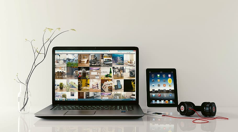 negro, computadora portátil, con cable, auriculares, pestaña, estación de trabajo, navegación, tableta, almohadilla, computadora