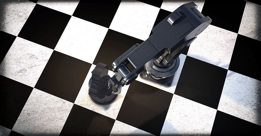 black, gray, plastic case, white, surface, robot, robot arm, chess, horse, springer