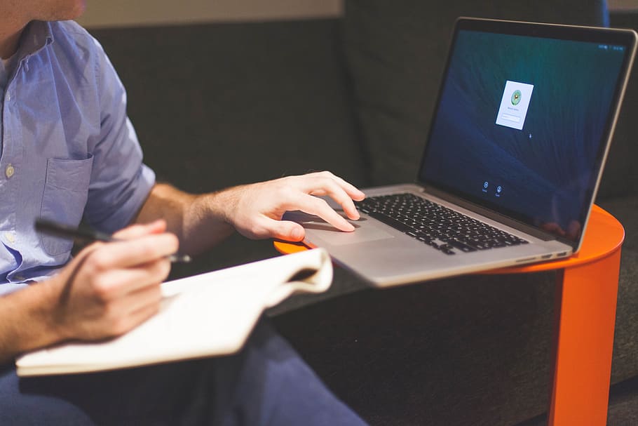 person, using, black, gray, laptop computer, startup, business, businessman, notebook, laptop
