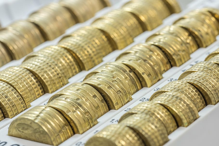 tumpukan, koin berwarna emas, kotak, uang, koin, euro, mata uang, mata uang logam, logam, recehan