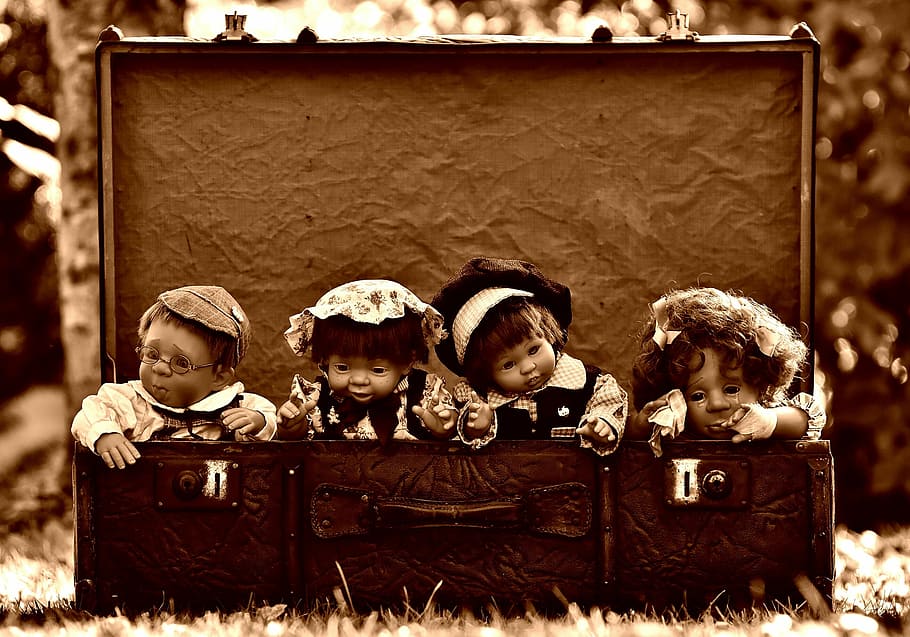 empat, boneka porselen, setelan kasus, boneka, koper, antik, lucu, manis, mainan, anak-anak