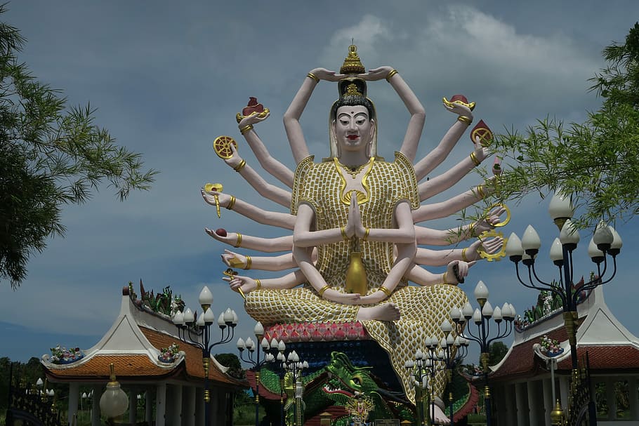 Kuil, Thailand, Koh Samui, Agama, patung, hari, pohon, pemandangan sudut rendah, awan - langit, di luar ruangan