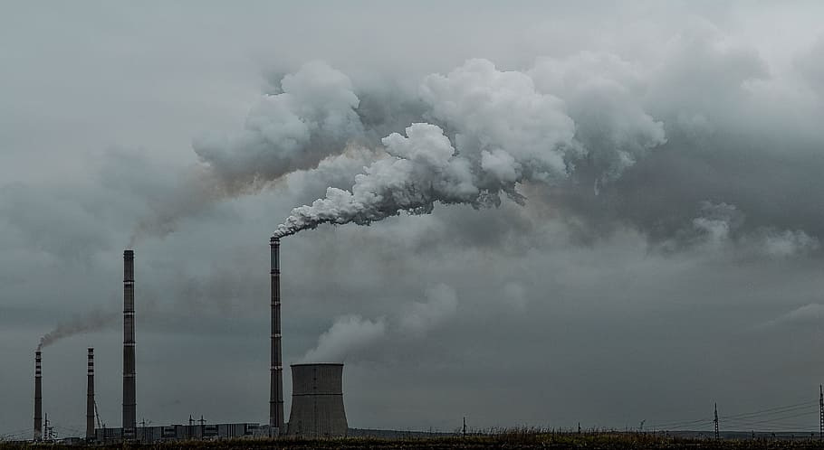 Foto, fábrica, nublado, cielo, contaminación, humo, medio ambiente, smog, industria, tóxico