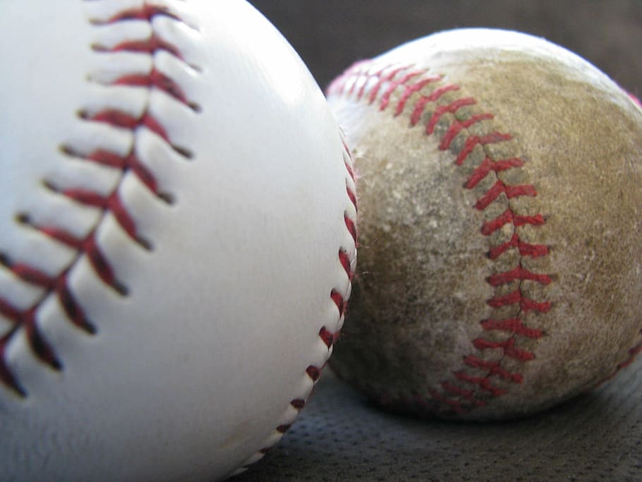 closeup, two, baseball balls, cushion, softball, baseball, new, old, cowhide, leather
