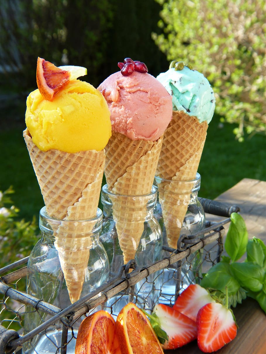 three, assorted-color ice cream, strawberry, grapefruit, daytime, ice cream, waffles, food, ice cream flavors, sun