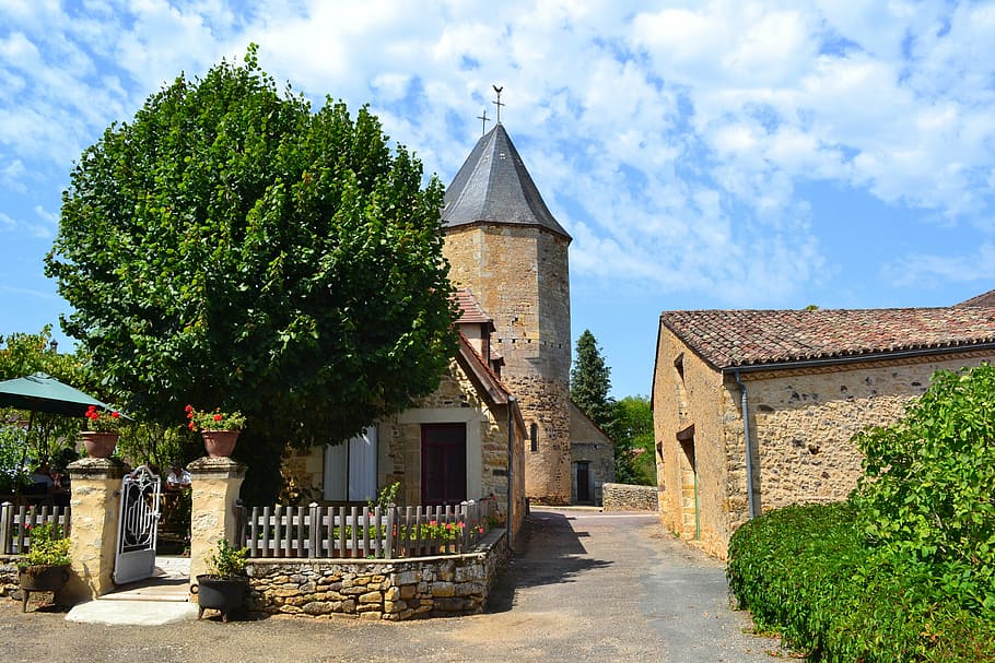 desa abad pertengahan, gereja abad pertengahan, dordogne, france, audrix, gerbang, kuali, jalan, arsitektur, struktur yang dibangun