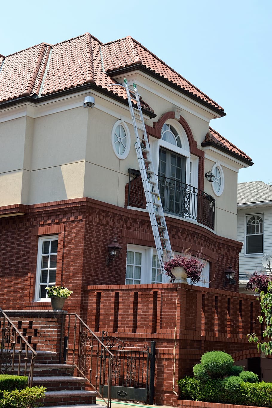 white, brown, 2-storey, 2- storey house, home, ladder, roofing, house, improvement, renovation