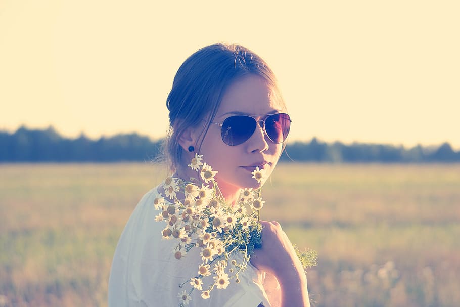 woman wearing sunglasses, woman, wearing, white, shirt, black, sunglasses, girl, daisy, daisies