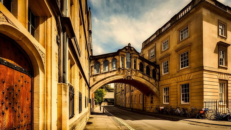 building, connecting, bridge, landscape, brown house, oxford, england, great britain, city, urban