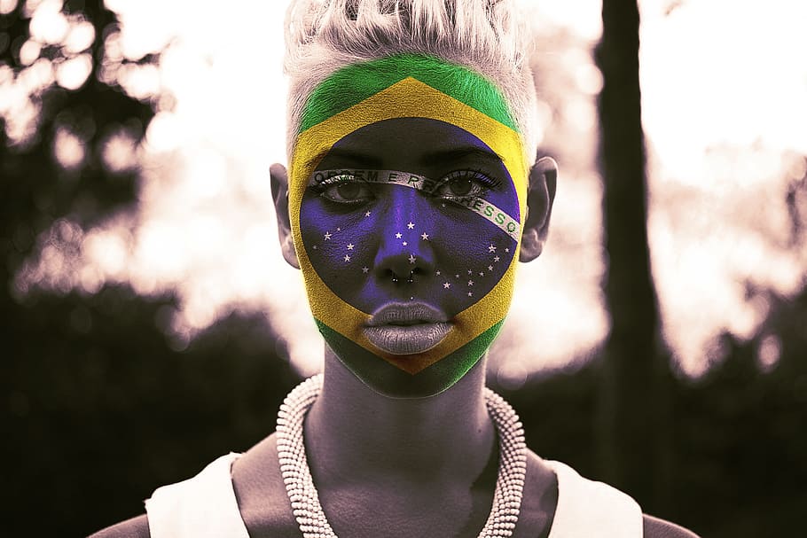 woman, brazil face paint, portrait, human, fan, face, football, flag, brazil, headshot
