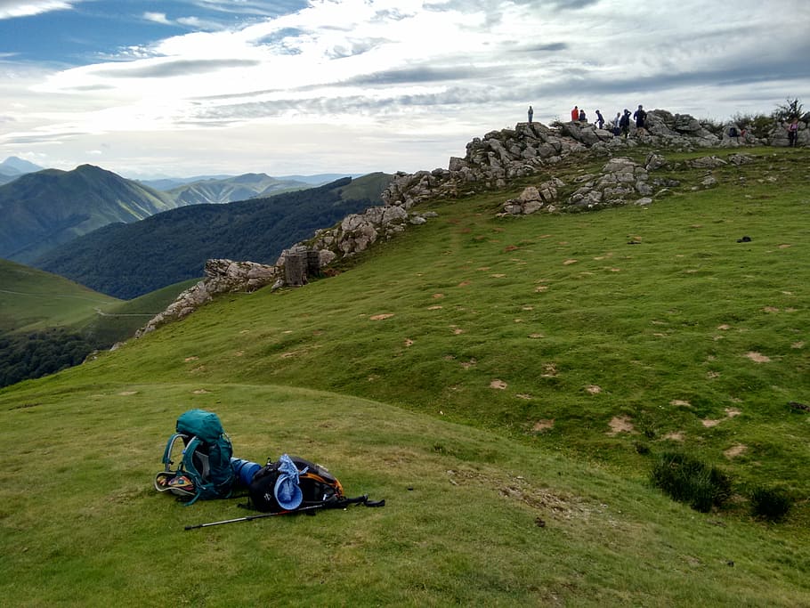backpack, path, santiago, france, mountain, the pyrenees, horizon, cloud - sky, grass, leisure activity