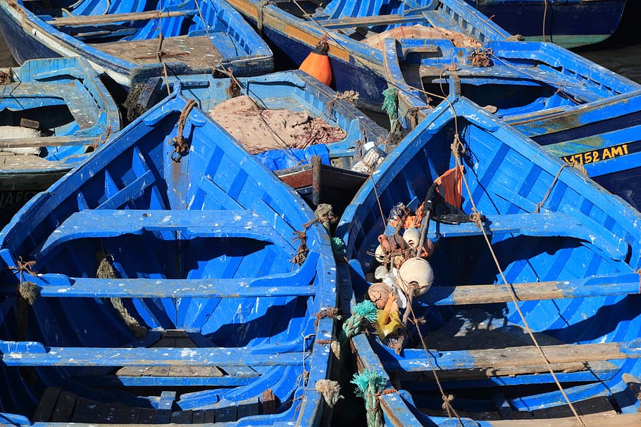 Blue Boat Lot, Marruecos, Essaouira, barcos de pesca, barco, puerto, azul, día, sin gente, transporte