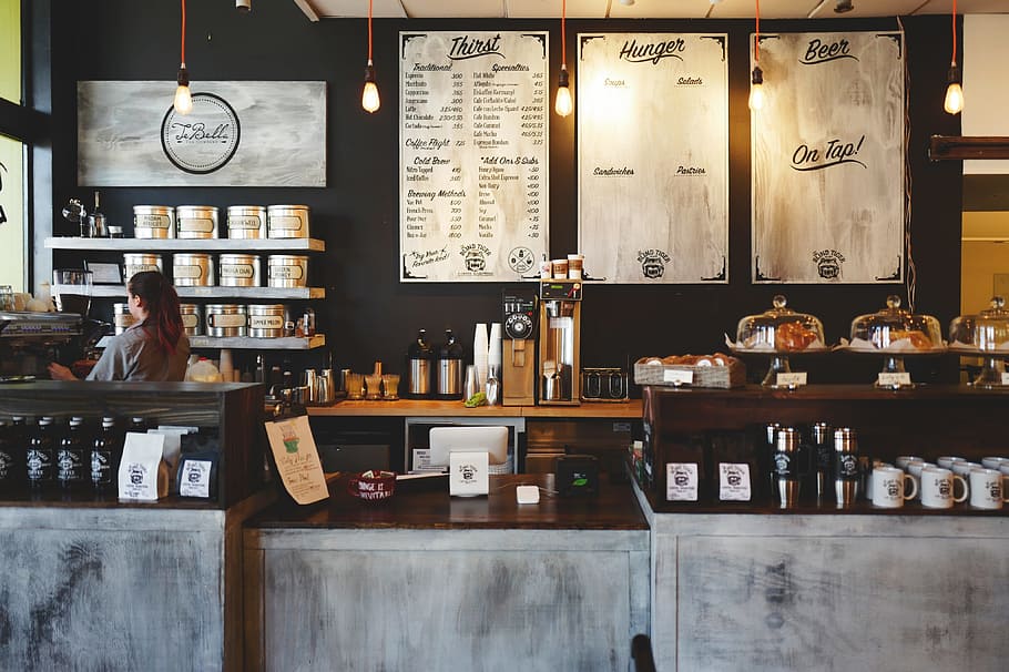 brown, white, bar stall, coffeehouse, bar, shop, cafe, espresso, machine, cups