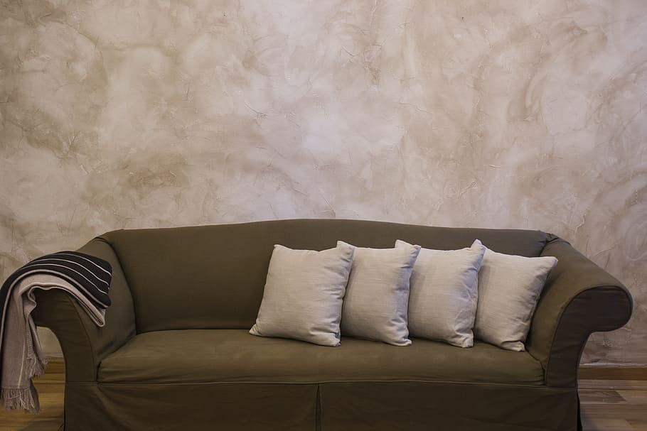 empty, gray, fabric sofa, four, white, throw, pillows, decoration, decor, home