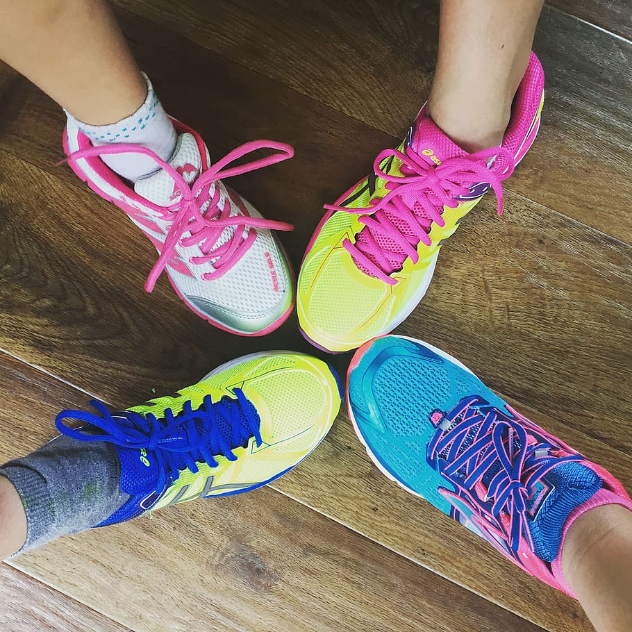 trainers, running, shoes, feet, sport, colors, family, human leg, hardwood floor, human body part