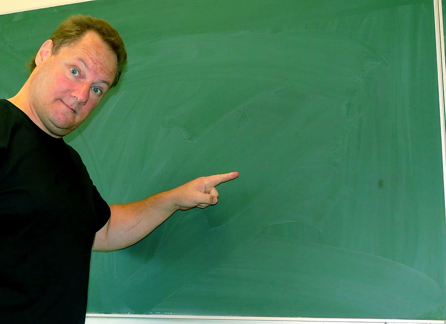 man, pointing, chalkboard, board, teacher, note, newsletter, teaching, chalk, school