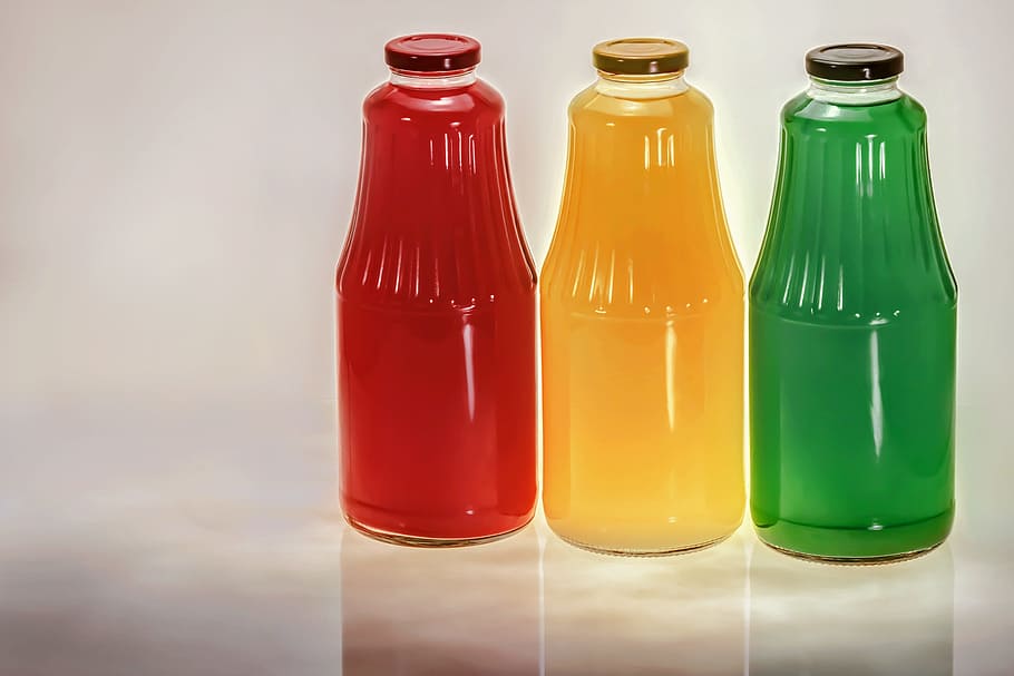 ボトル, 赤, 黄, 緑, ジュース, ドリンク, コンポート, ガラス, ガラス瓶, 3本