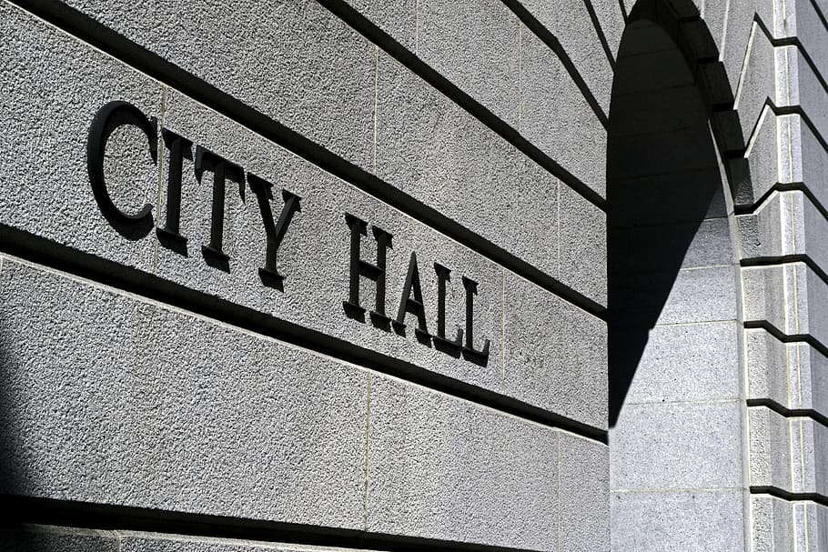 city hall signage, city hall, building, hall, los angeles, government, communication, sign, text, western script