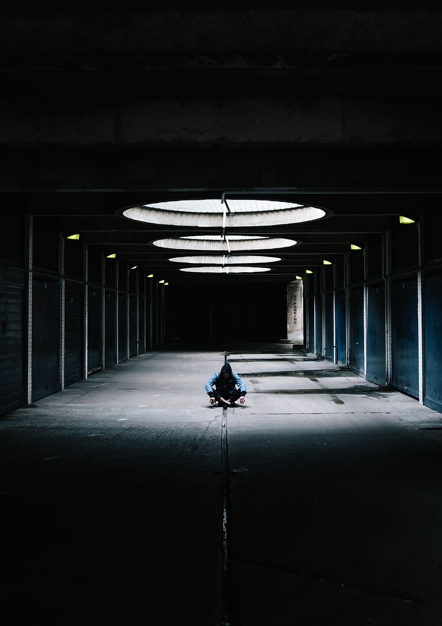 building, dark, people, man, thinking, alone, lights, ceiling, wall, architecture