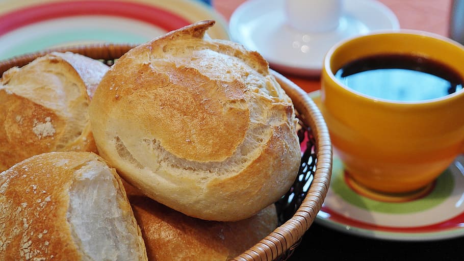 roti, mangkuk, di samping, cangkir, cuffee, roll, kue, weizenbroetchen, toko roti, kue kecil