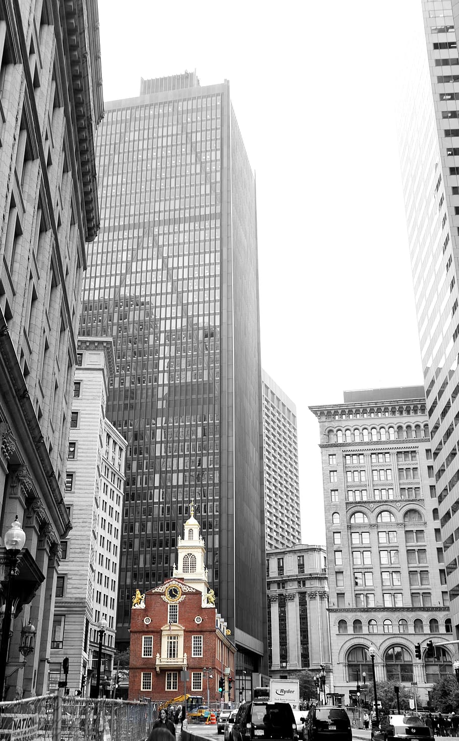 Boston, Old State House, en blanco y negro, rascacielos, arquitectura, ciudad, Estados Unidos, América, editado, Photoshop