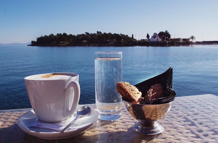 sea, Coffee, View, By The Sea, coffee with a view, coffee by the sea, greece, landscape, gythio, vacation