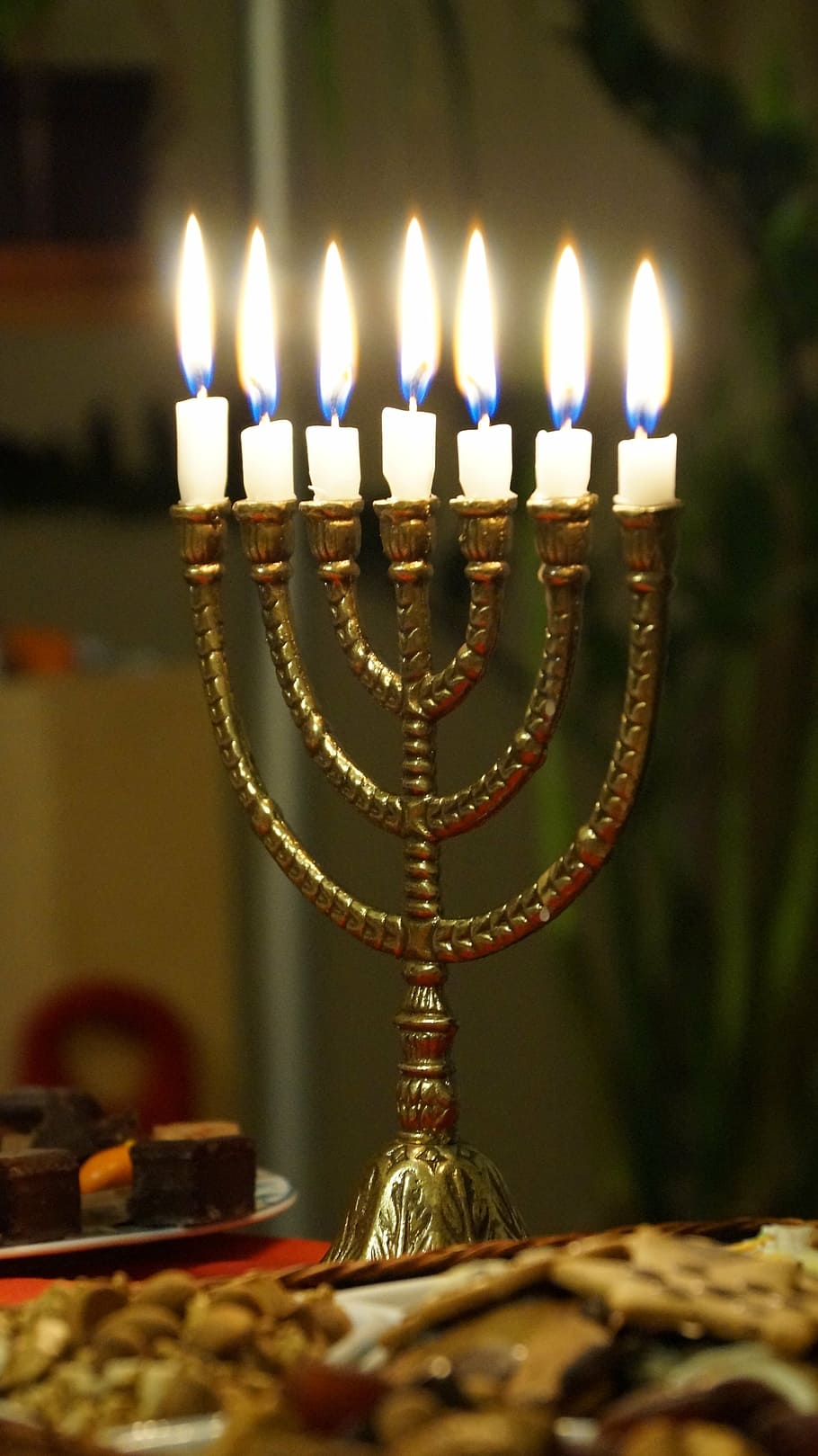 brass-colored menorah, candles, menorah, light, burning, religious, bible, hebrew lampstand, judaism, symbol