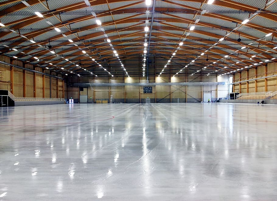 empty, ice hockey field, sweden, stinsen arena, building, structure, floor, lights, reflections, ceiling
