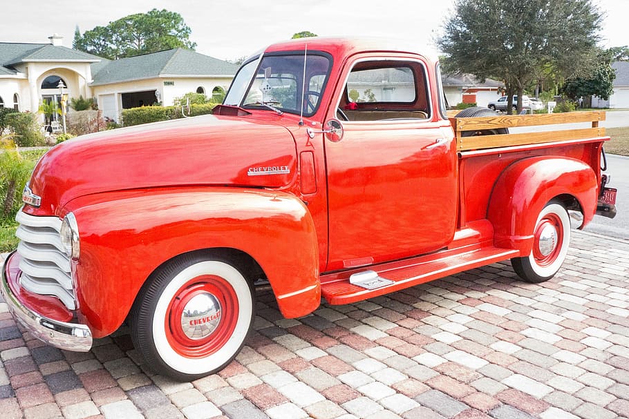 rojo, parque de camiones de estaca, campo de hierba, estaca, camión, parque, hierba, campo, camioneta chevrolet 1947, camioneta