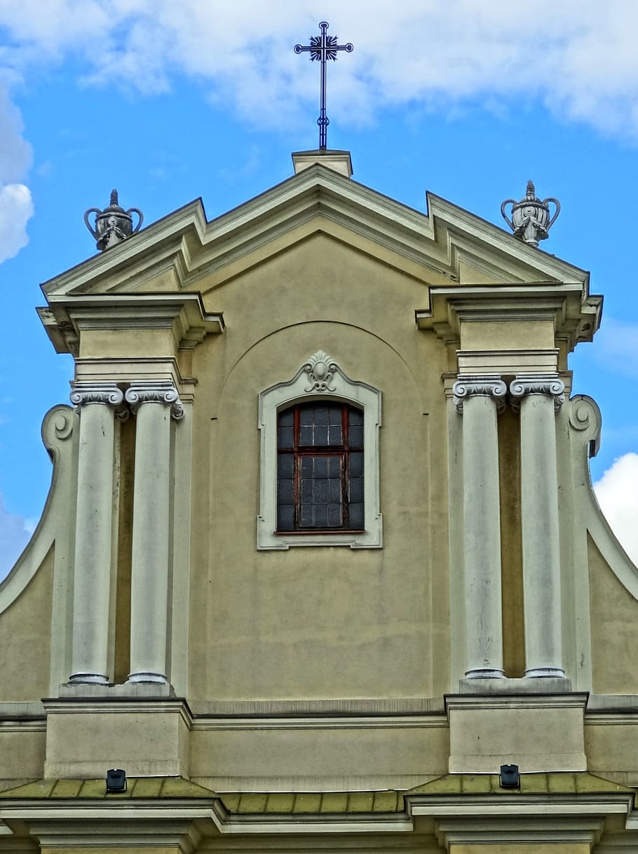 bydgoszcz, saint nicholas, poland, gable, pediment, baroque, church, religious, building, christian