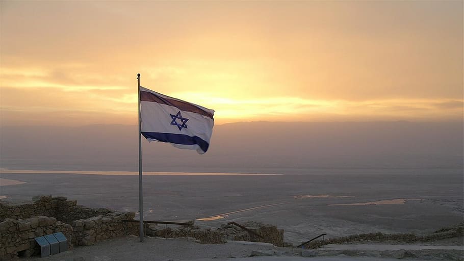 bandera, elevado, puesta de sol, israelí, israel, símbolo, nacional, oriente medio, país, judío