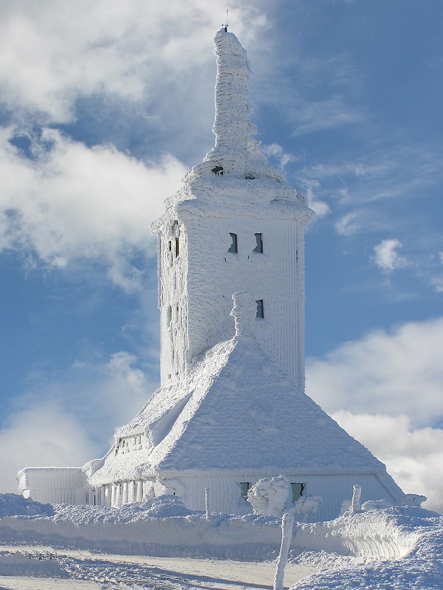 white temple, winter, snow, frost, weather station, icy, fichtelberg, oberwiesenthal, saxony, church