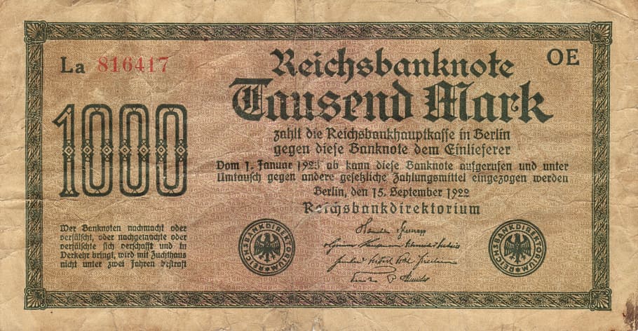 papel moeda, nota, cédula, nota imperial, império alemão, 1922, antigo, marca, reichsmark, crise econômica