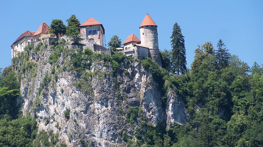 lake, bled, slovenia, castle, architecture, built structure, building exterior, tree, building, plant