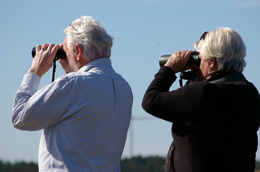 woman, man, looking, using, binoculars, curious, couple, older, hobby, focus